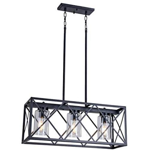 MELUCEE Kitchen Island Lighting 3-Light Black Rectangle Dining Room Lighting Fixtures Hanging, Farmhouse Chandelier with Clear Glass for Living Room Restaurant Pool Table