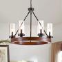 Maxax Farmhouse Chandelier Wood Round Wagon Wheel 6-Lights Kitchen Island Light with Glass Shades for Dining & Living Room, Bedroom, Kitchen and Foyer, Black Finish