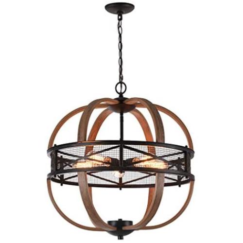 Sunlighting Farmhouse Chandelier, Vintage Pendant Hanging Light for Bedroom, Kitchen, Foyer, Dining & Living Room and Entryway, Black Painted Finish & Faux-Wood