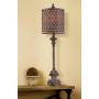 French Buffet Table Lamp Beige Scroll Metal Lattice Candlestick Framed Cylinder Shade for Dining Room - Regency Hill