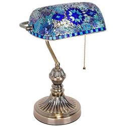 Marrakech Mosaic Lamp Traditional Antique Brass Bankers Table Lamp Vintage Tiffany Style Turkish Mosaic Glass Desk Lamp for Living Room Bedroom (Blue)