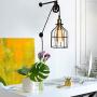 Modern Industrial Rustic Cage Wall Lamp Lift Pipe Pulley Lights Fixture - Retro Pendant Lamp Adjustable Hanging with Plug in Cord - Wall Sconce for Indoor Living Room Restaurant (with no Bulb,Black)