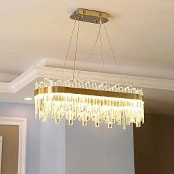 LITFAD Oval LED Chandelier Light Fixture Postmodern Crystal Block Gold Flush Mount LED Hanging Ceiling Light Art Deco Pendant Light for Dining Room Bedroom Livingroom Restaurant, Bulb Included