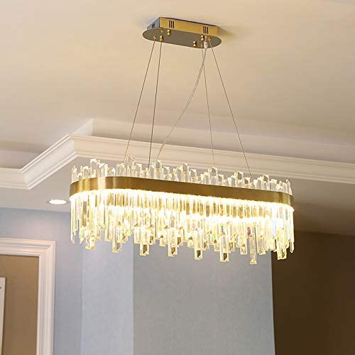 LITFAD Oval LED Chandelier Light Fixture Postmodern Crystal Block Gold Flush Mount LED Hanging Ceiling Light Art Deco Pendant Light for Dining Room Bedroom Livingroom Restaurant, Bulb Included