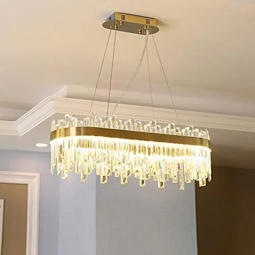 LITFAD Oval LED Chandelier Light Fixture Postmodern Crystal Block Gold Flush Mount LED Hanging Ceiling Light Art Deco Pendant Light for Dining Room Bedroom Livingroom Restaurant, Bulb Included