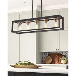 Zeyu 5-Light Kitchen Island Lighting, Modern Linear Pendant Light Fixture, Oil Rubbed Bronze and Gold Finish with Clear Glass, 013-5 ORB+BG