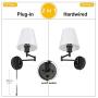 HAITRAL Adjustable Swing Arm Wall Sconces 2 Pack - Bedroom Wall Lamps with White Shade& Black Metal, Plug in& Hardwire Modern Wall Lamps for Bedside, Farmhouse, Kitchen, Bedroom(Bulb is Not Included)