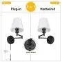HAITRAL Adjustable Swing Arm Wall Sconces 2 Pack - Bedroom Wall Lamps with White Shade& Black Metal, Plug in& Hardwire Modern Wall Lamps for Bedside, Farmhouse, Kitchen, Bedroom(Bulb is Not Included)