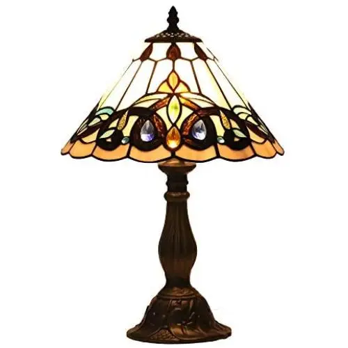 Tiffany Style Retro Baroque Lamp Table Light 12 Inches Wide Hand-Cut Stained Glass Desk Antique Night Light and Antique Brass Finish Metal Lamp Base for Living Room Restaurant Office EFFORTINC.COM