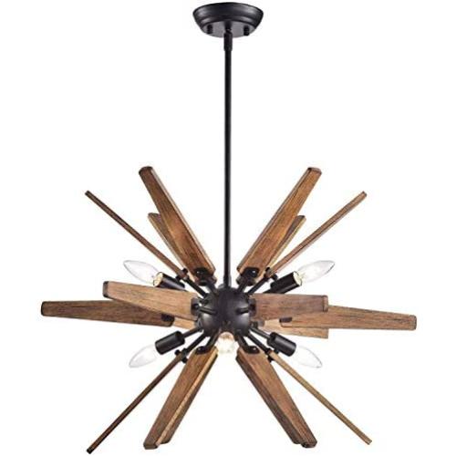 Modern Farmhouse Chandelier Suitable for Living and Dining Rooms. Open Style Ceiling Light Fixture Provides Multidirectional Lighting. Sputnik Pendant Lamp with Rustic Wood Arms Creates Timeless Feel.
