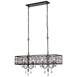 Maxax Crystal Chandeliers 4 Lights Rectangular Island Dining Room Lighting Fixtures Hanging Chandelier Pendant Light for Living Room, Kitchen Island, Bar, Dinning Room, Black Finish