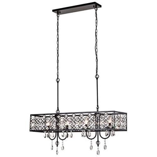 Maxax Crystal Chandeliers 4 Lights Rectangular Island Dining Room Lighting Fixtures Hanging Chandelier Pendant Light for Living Room, Kitchen Island, Bar, Dinning Room, Black Finish