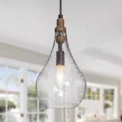 GEPOW Glass Pendant Lighting for Kitchen Island, Farmhouse Wood Hanging Light Fixture for Dining Room, Foyer, Bedroom