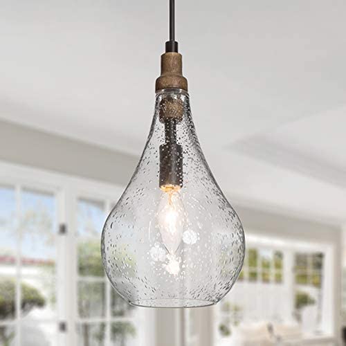 GEPOW Glass Pendant Lighting for Kitchen Island, Farmhouse Wood Hanging Light Fixture for Dining Room, Foyer, Bedroom