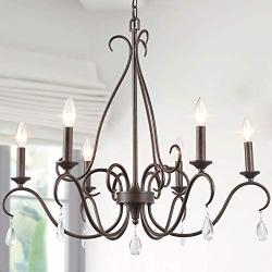 Farmhouse Chandelier for Dining Room, Rustic Kitchen Island Lighting with Crystal Pendants, French Country Chandelier in Bronze, 28” L x 25.5” H