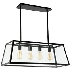 Light Society Morley 4-Light Kitchen Island Pendant, Matte Black Shade with Clear Glass Panels, Modern Industrial Chandelier (LS-C104)