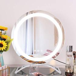 COOLJEEN 15.7'' Hollywood Mirror Makeup Vanity Mirror Modern Round Mirror with Lights Tabletop LED HD Mirror with Metal Stand 3 Colors Light Mirror Decorative Cosmetic Mirror for Bedroom (White)