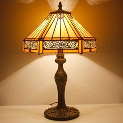 Tiffany Lamp Yellow Hexagon Stained Glass Shade Antique Zinc Base Mission Style Table Read Lighting W12H18 Inch S011 WERFACTORY LAMPS Living Room Bedroom Study Coffee Bar Bedside Desk Art Crafts Gifts