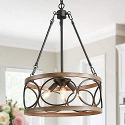 KSANA Farmhouse Drum Chandelier, Modern Faux Wood Light Fixture for Dining Rooms, Living Room, Bedroom and Foyer