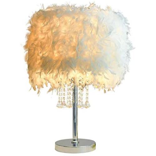 BAYCHEER Creative Feather Drum Table Lamp Vintage Elegant Desk Night Light Crystal Bedside Lampshade Girls Bedside Reading Light for Book Bedroom Living Room in Silver Finish,Small