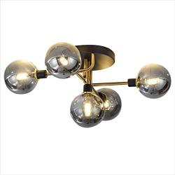 BOKT Flush Mount Ceiling Light 5 Heads Sputnik Chandelier Glass Globe Ceiling Pendant Light Fixture for Kitchen Dining Room Living Room Bedroom Hallway, Bulbs Included (Smoke Gray Shade, Gold)