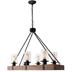 GOMUNIN 6-Light Vintage Wooden Farmhouse Chandelier Kitchen Island Lighting Wood Chandelier Rustic Pendant Light, Candle Pendant Light, Clear Glass Lampshade Lodge Ceiling Kitchen Island Lighting