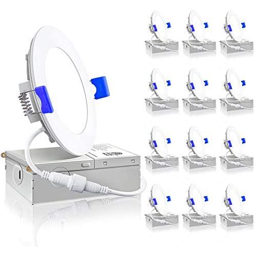 Ensenior 12 Pack 4 Inch Ultra-Thin LED Recessed Ceiling Light with Junction Box, 3000K Warm White, 9W 75W Eqv, Dimmable Can-Killer Downlight, 750LM High Brightness - ETL and Energy Star Certified