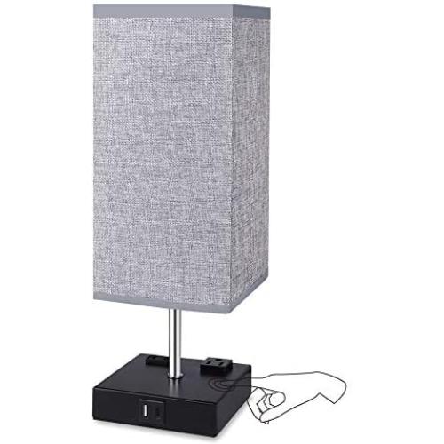 Touch Control Table Lamp, 3 Way Dimmable Bedside Lamp with Type C/USB Charging Port and 2 AC Outlets, Grey Fabric Shade Modern Nightstand Lamp for Bedroom Living Room Office, LED Bulb Included(1 Pack)