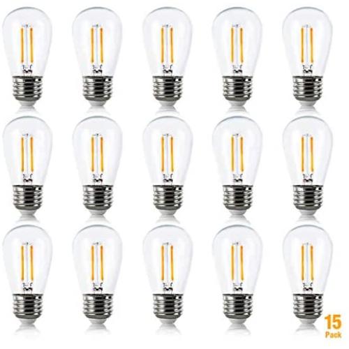 SHISOP 2W S14 Led Light Bulbs for Waterproof Outdoor String Lights Replacement, 2500K Warm White Energy Efficient Shatterproof Edison Bulb, E26 Screw Base, 15pack