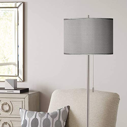 Modern Floor Lamp Brushed Nickel Hand Assembled Gray Faux Silk Drum Shade for Living Room Reading Bedroom - Possini Euro Design