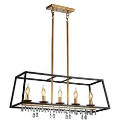 JINZO 31.5'' Rectangle Chandelier 5-Lights Black and Glod Farmhouse Dining Room Lighting Rustic Pendant Chandelier for Kitchen Island