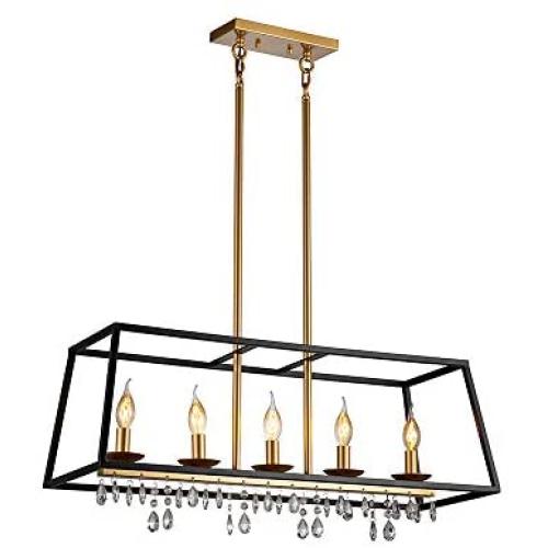 JINZO 31.5'' Rectangle Chandelier 5-Lights Black and Glod Farmhouse Dining Room Lighting Rustic Pendant Chandelier for Kitchen Island JINZO 31.5'' Rectangle Chandelier 5-Lights Black and Glod Farmhouse Dining Room Lighting Rustic Pendant Chandelier for Kitchen Island