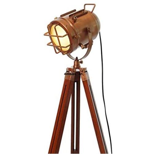 1975S Antique Floor Lamp for Living Room Bedroom, Vintage Spotlight Reading Lamp with Wooden Metal Legs，Nautical Searchlight Floor Lamp for Office, Cinema,