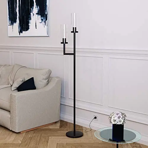 Henn&Hart FL0013 Modern Double Torchiere Floor Lamp with Clear Living, Dining Room, Bedroom, Office, One Size, Black/Glass Shade