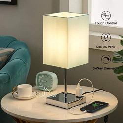 Touch Control Nightstand Lamp, Blue Lamp for Bedroom Night Table, 3 Way Dimmable with 2 Prong Outlets, Teal Fabric Shade, Chrome Lamp Base, Suitable for Kids Room, Dorm, Living Room (Bulb Included)