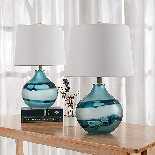 Maxax Glass Table Lamp Set of 2 Blue Nightstand Lamp with White Drum Shade Beside lamp for Bedroom, Living Room, or Office