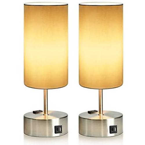 Touch Table Lamp with USB and Type C Charging Port, Power Outlet , 3-Way Dimmable Touch Lamp for Bedroom Living Room Office, Led Bulb Included (2 Pack)