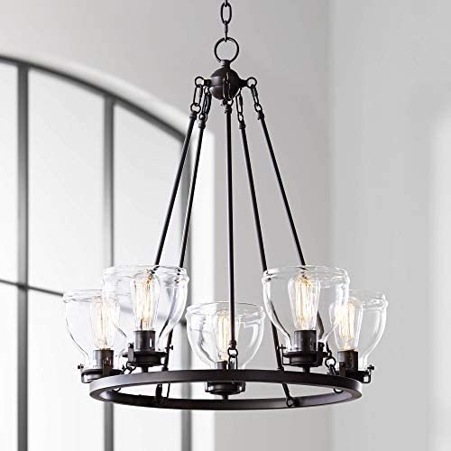 Bellis Bronze Wagon Wheel Pendant Chandelier 24 1/2'' Wide Modern Industrial Clear Glass 5-Light Fixture for Dining Room House Foyer Kitchen Island Entryway Bedroom Living Room - Possini Euro Design