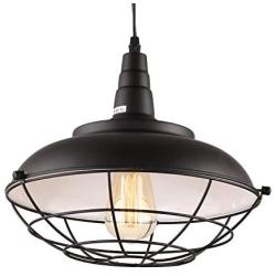 HMVPL Industrial Metal Cage Swag Pendant Light with Plug in Cord and Dimmer Switch, Hanging Ceiling Lamp for Dining Room Hallway Barn Garage, Black Finish