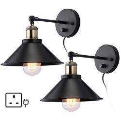 Swing Arm Wall Sconce 2-Pack, Plug-in Bedside Lamps Indoor Outdoor Lighting Fixtures Black Matte Iron Lampshade with Oil Rubbed Bronze E26-Socket, Farmhouse Wall Mounted Light