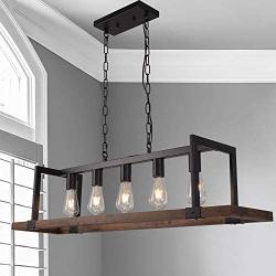 ANTILISHA Modern Farmhouse Chandelier Lighting Rectangular Geometric Lantern Light Fixture Pendant Chandelier for Dining Rooms Kitchen Island Wooden Metal Dark Black L39.4''