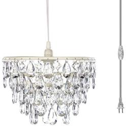 Plug-in 1 Light Crystal White Hanging Swag Dome Chandelier H10”xW11.5”, White Metal Frame with Five Tiers of Acrylic Crystals That Sparkle Just Like Glass