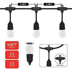 Honeywell 48 FT Outdoor String Lights, Commercial Grade Waterproof LED Patio Lights, 15 Plastic E26 Bulbs, Create Cafe Lighting Ambience in Your Backyard