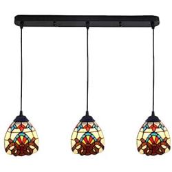 Vintage Baroque Chandelier Ceiling Lamps, Tiffany Style 3-Heads Hanging Pendant Light Fixture with 6 inches Stained Glass Shade for Dining Room, Coffee Room-Long