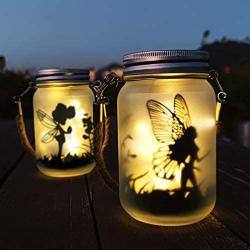 Alritz 2 Pack Solar Lantern Fairy Lights, Outdoor Hanging Frosted Glass Mason Jar Lights for Tree, Table, Yard, Garden, Patio, Lawn, Outdoor Decorations, Valentines Day Birthday Party Decorations