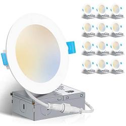 ZADDIC 3000K/4000K/5000K Adjustable 6 Inch Ultra Thin LED Recessed Ceiling Light Fixtures with Junction Box, 12W Eqv 110W, 1050LM Canless Dimmable Slim Downlight - ETL and Energy Star 12 Pack