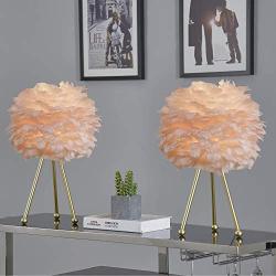 Maxax Table lamp Set of 2 Tripod Nightstand Lamp with Gold Finish, Feather Beside Table lamp for Bedrooms/Living Room/Dining Room/Kitchen, Pink