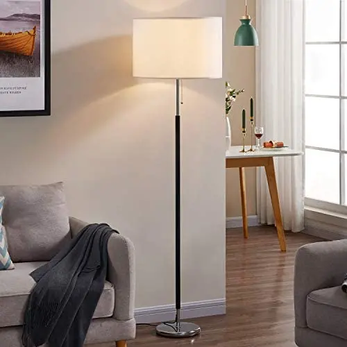 Floor Lamp with Big Drum Lampshade, Standing Lamp with Bulb and Convenient Pull Chain Foot Switch, Tall Light for Reading Living Room, Couch Side White Big Corner Lamp, H 67 (Bulb Included)