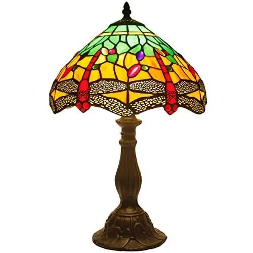 Tiffany Table Lamp W12H18 Inch Green Yellow Stained Glass Shade Crystal Bead Dragonfly Style Anqitue Desk Light S009G WERFACTORY Lamps Living Room Bedroom Coffee Bar Office Study Bedside Craft Gifts