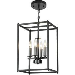 Oldiron 4 Light Rectangle Chandelier,Industrial Square Cage Chandelier Kitchen Island Ceiling Light Fixture for Entryway Bar Hallway Dining Room